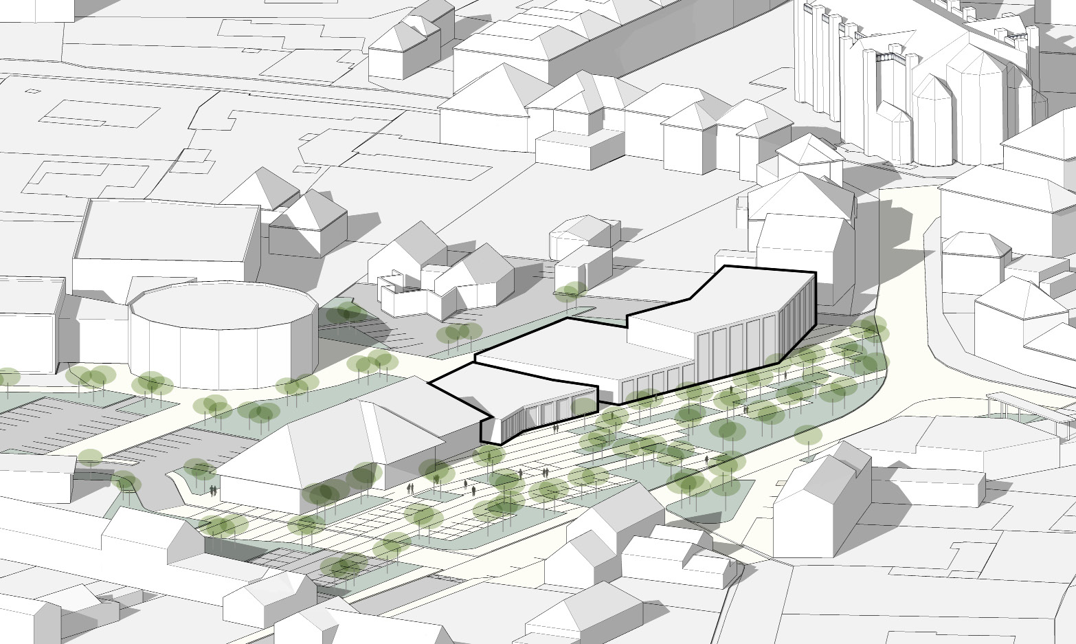 Vue axonométrique de la route départementale de Plélan-le-Petit requalifiée : bâtiments projetés, alignement planté et stationnement longitudinal